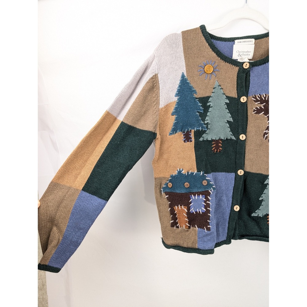 Vintage 90s Patchwork Moose Sweater Sz M Hand Embroidered Cabin Outdoor Cottage - Picture 2 of 7
